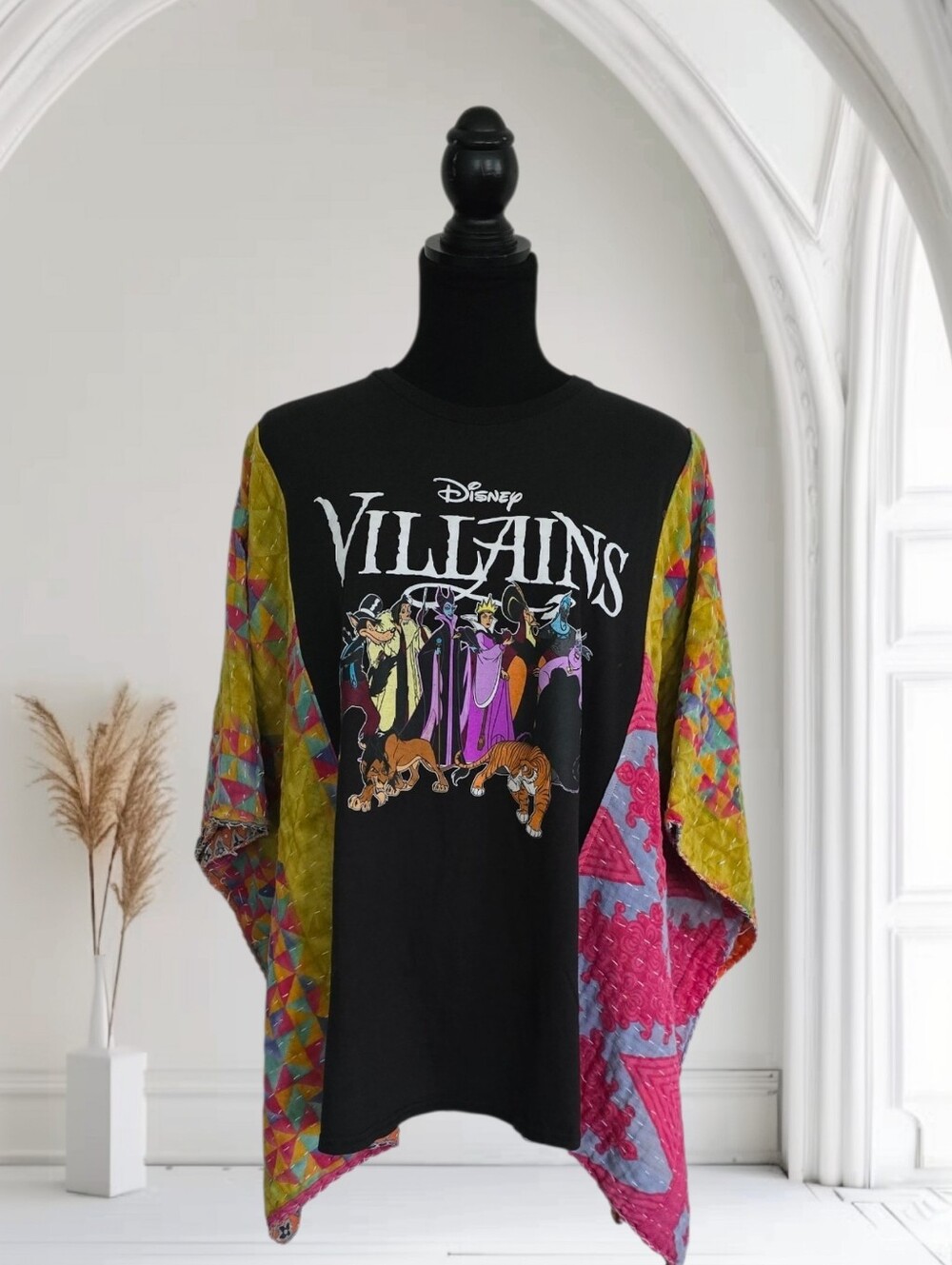 Upcycled Disney Villains Graphic Tee With Kantha Sleeves, OS - Picture 2 of 6